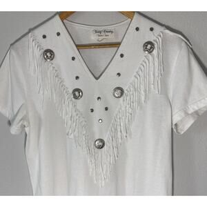 Vintage Young Country Western Wear Fringe Studded Cowgirl White Shirt Women L